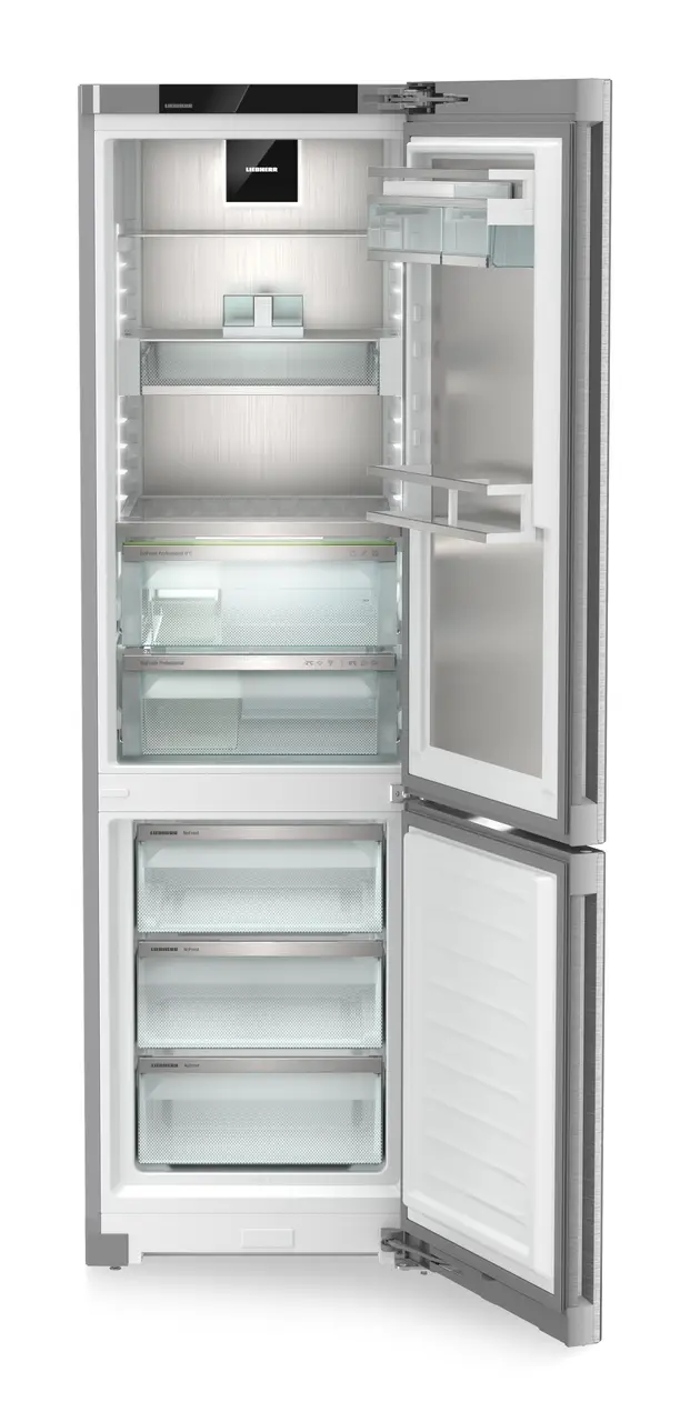 Produktbild, Perspektiv: Framifrån, öppen, tom, Kyl- och fryskombinerad kyl- och frysdisk med BioFresh Professional och NoFrost, Färg på hölje: Rostfritt stål, Färg på dörr: Rostfritt stål