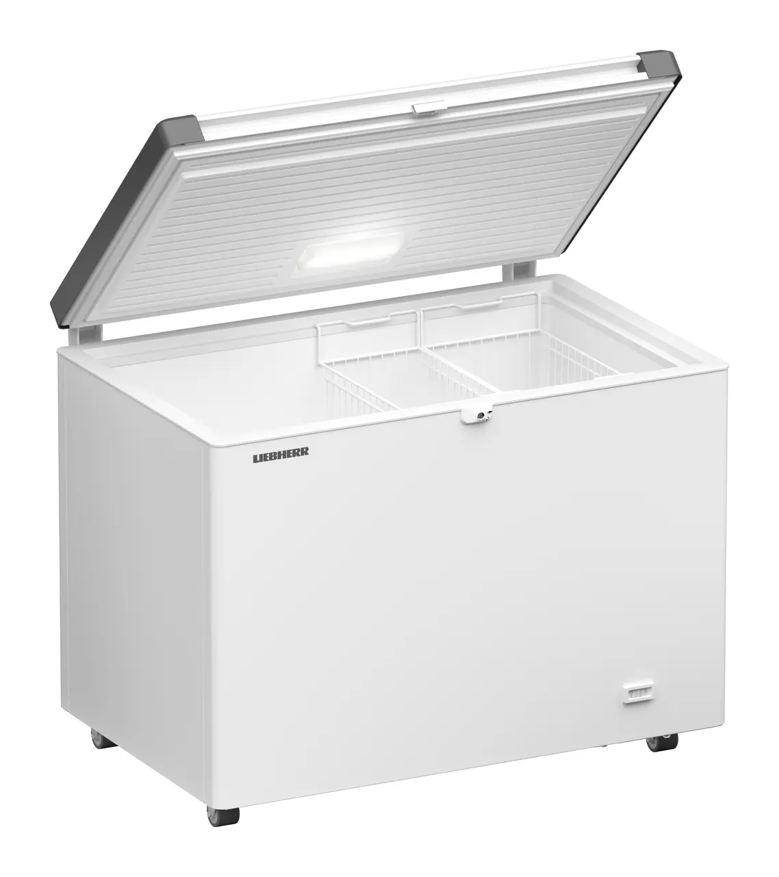 Produkt-Bild, Perspektive: schräg offen leer, Gefriertruhe, Gehäusefarbe: Weiß