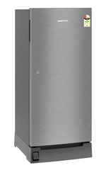Product image, Perspective: oblique closed, Single-door refrigerator 222 l in 3 star with foot pedal base drawer, Casing colour: grey, Door colour: Silver Steel