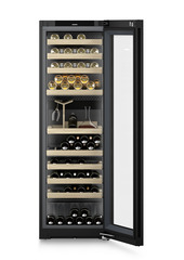 Product image, Perspective: straight open decorated, Multi-temperature wine cabinet, Casing colour: BlackSteel, Door colour: GlassBlack