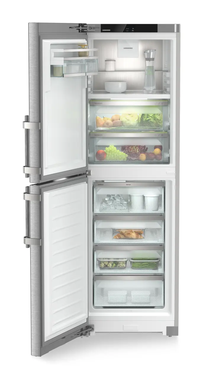 Product image, Perspective: straight open decorated, Fridge-freezer with BioFresh and NoFrost, Casing colour: silver, Door colour: stainless steel