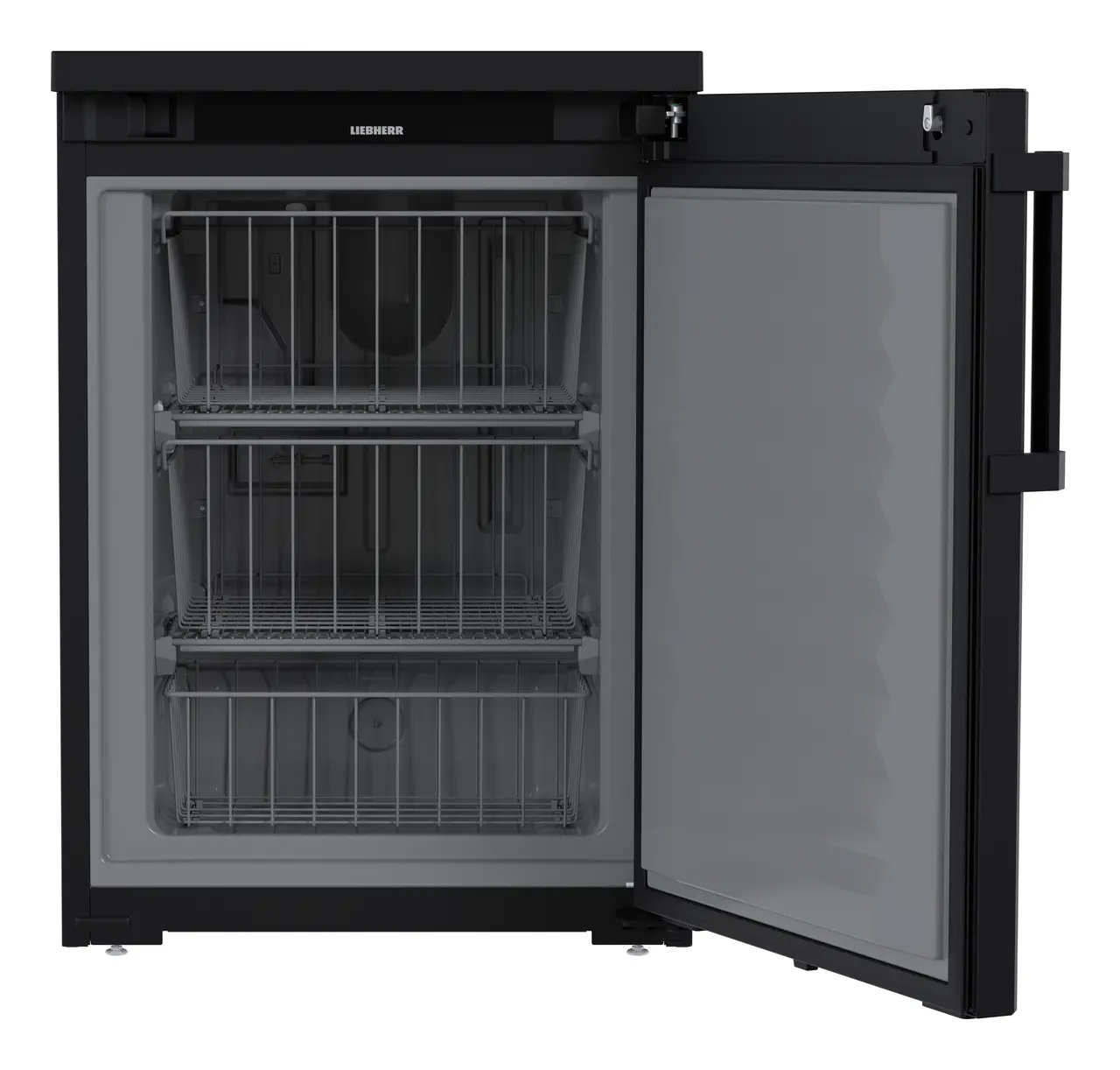 Produkt-Bild, Perspektive: gerade offen leer, Unterbaufähiges Gefriergerät mit statischer Kühlung, Gehäusefarbe: Schwarz, Türfarbe: Schwarz