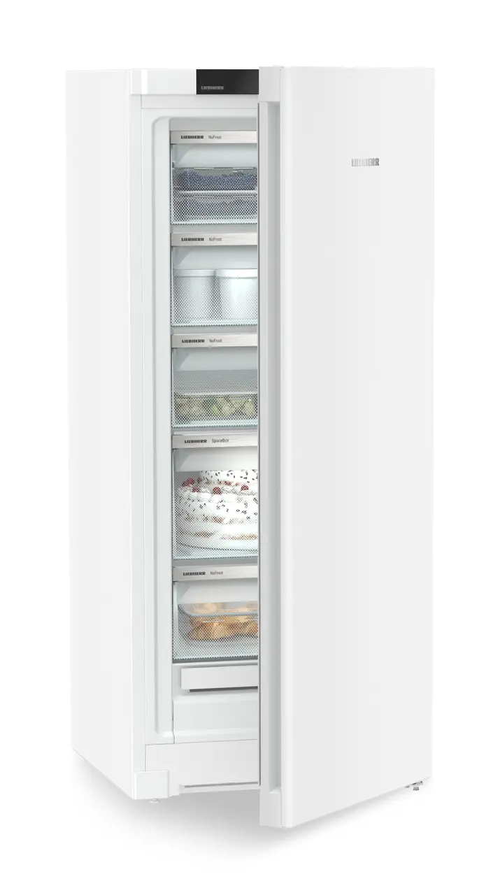 Product image, Perspective: oblique half-open decorated, Freestanding freezer with NoFrost, Casing colour: white, Door colour: white