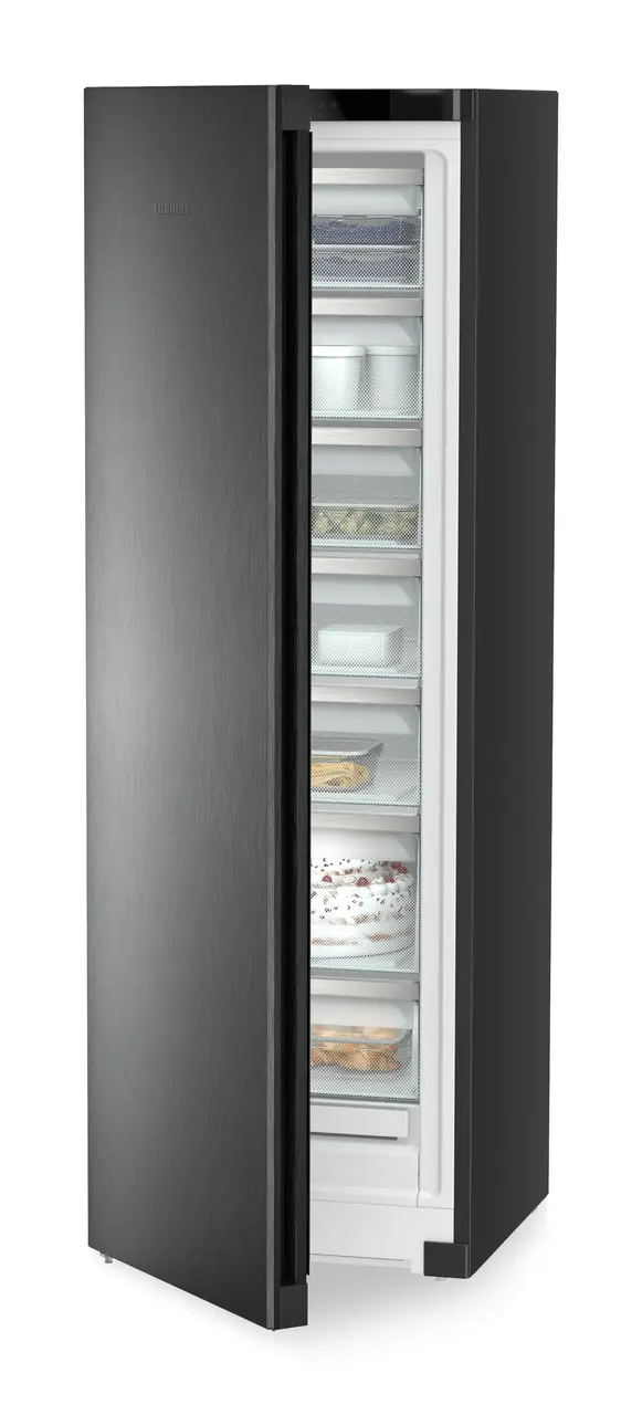 Изображение продукции, Перспектива: Под углом, с полуоткрытой дверцей, с продуктами, Морозильная камера с системой NoFrost, Цвет корпуса: черный