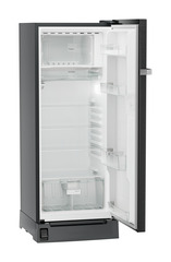 Product image, Perspective: oblique open empty, Single-door refrigerator 222 l with foot pedal base drawer and iCoolTouch UI, Casing colour: grey, Door colour: BlackSteel