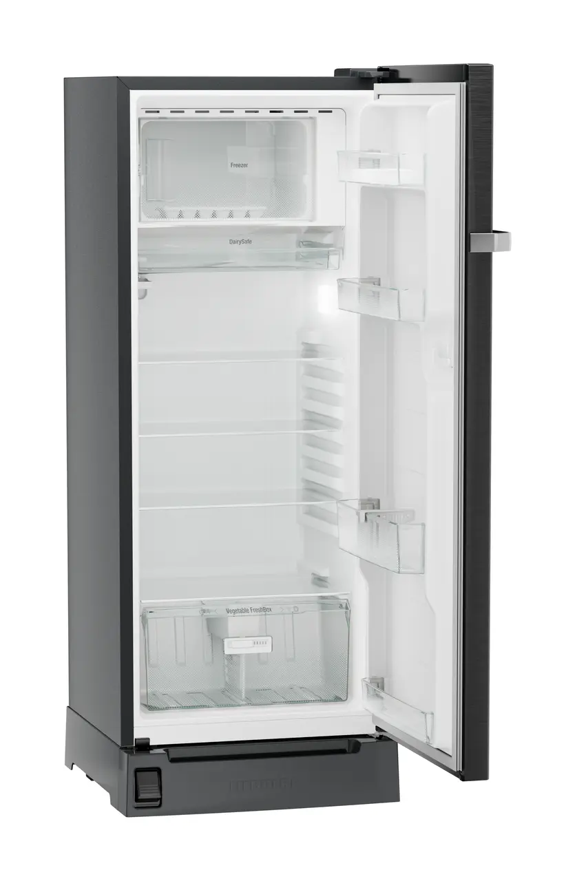 Product image, Perspective: oblique open empty, Single-door refrigerator 222 l with foot pedal base drawer and iCoolTouch UI, Casing colour: grey, Door colour: BlackSteel