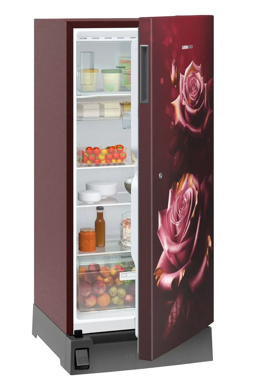 Product image, Perspective: oblique half-open decorated, Single-door refrigerator 191 l in 3 star with foot pedal base drawer, Casing colour: red, Door colour: Red Rosette