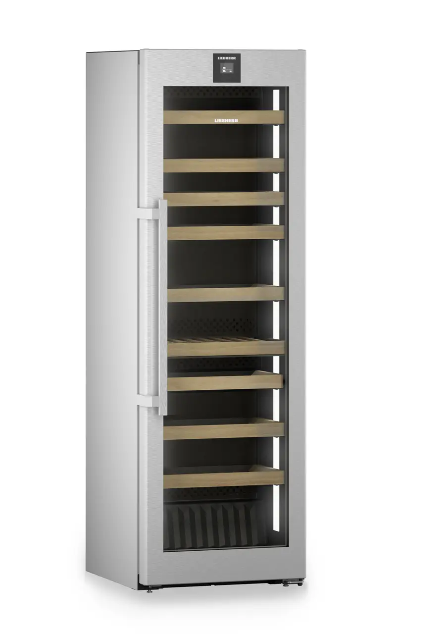 Product image, Perspective: oblique closed empty, Multi-temperature wine cabinet, Casing colour: silver, Door colour: stainless steel