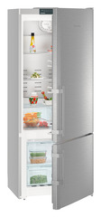 Product image, Perspective: oblique half-open decorated, Fridge-freezer with NoFrost, Casing colour: silver, Door colour: stainless steel
