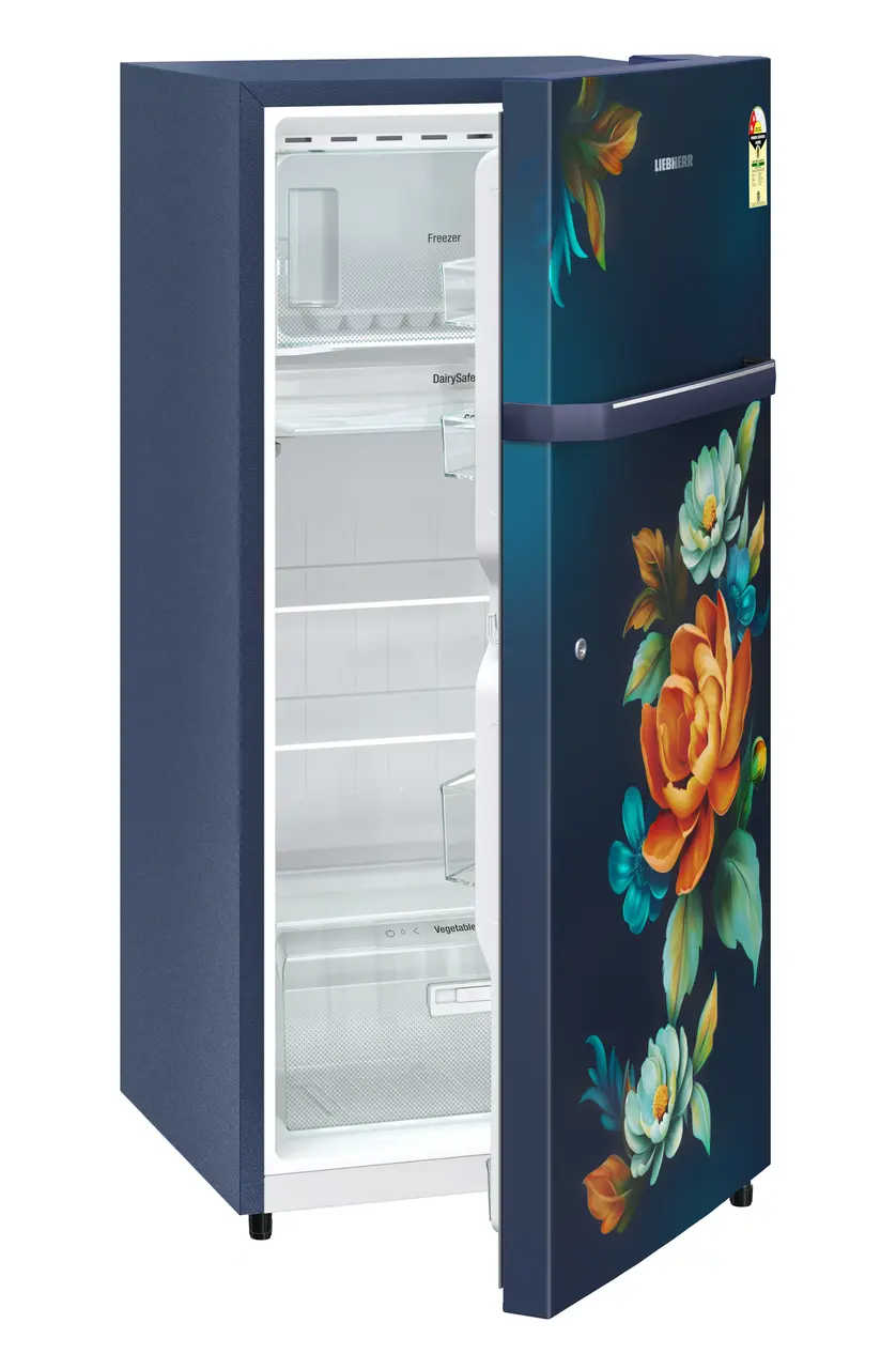 Product image, Perspective: oblique half-open empty, Single-door refrigerator 191 l in 2 Star and with horizontal handle, Casing colour: blue, Door colour: Blue Wonder