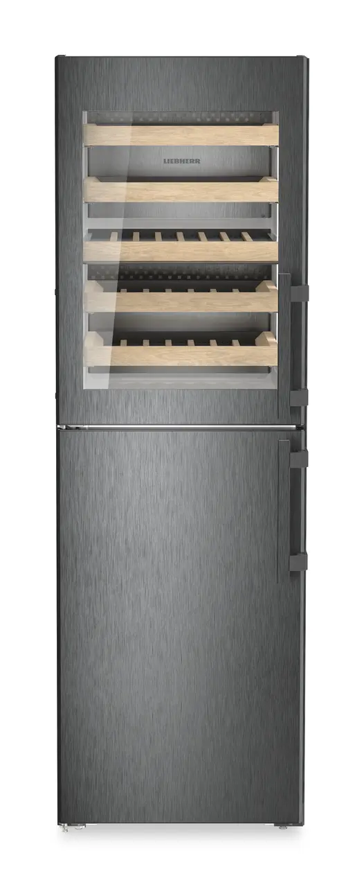 Product image, Perspective: straight closed, Combination with NoFrost freezer compartment and wine tempering compartment, Casing colour: BlackSteel, Door colour: BlackSteel