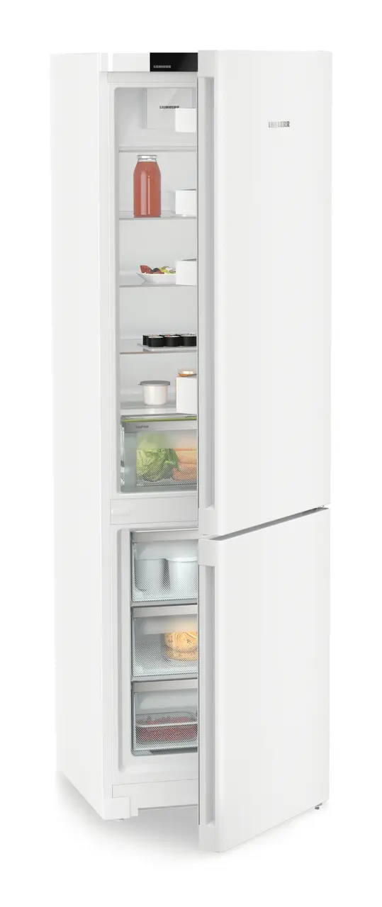 Product image, Perspective: oblique half-open decorated, Combined fridge-freezers with EasyFresh and NoFrost, Casing colour: white, Door colour: white