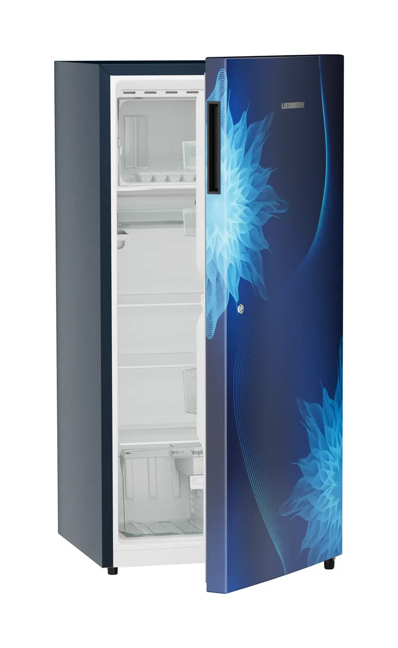Product image, Perspective: oblique half-open empty, Single-door refrigerator 191 l in 5 star with inverter compressor, Casing colour: blue, Door colour: Blue Mystiq