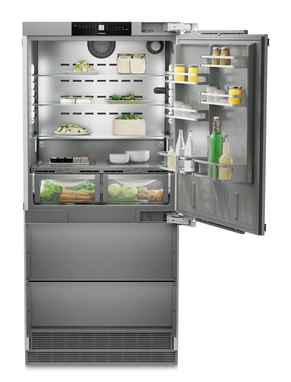 Product image, Perspective: straight open decorated, Combined refrigerator-freezer with BioFresh and NoFrost for integrated use, Casing colour: Anthracite