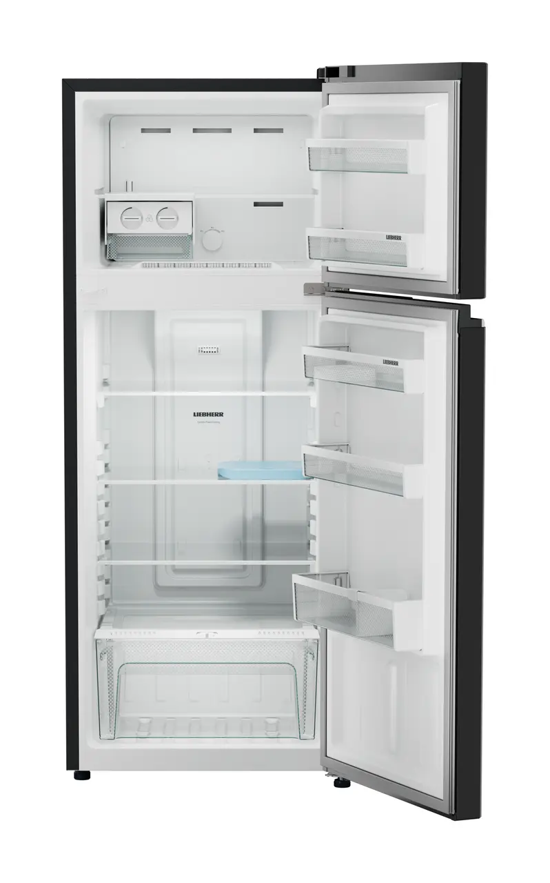 Product image, Perspective: straight open empty, Fridge-freezer with NoFrost, Casing colour: grey, Door colour: Black Gloss