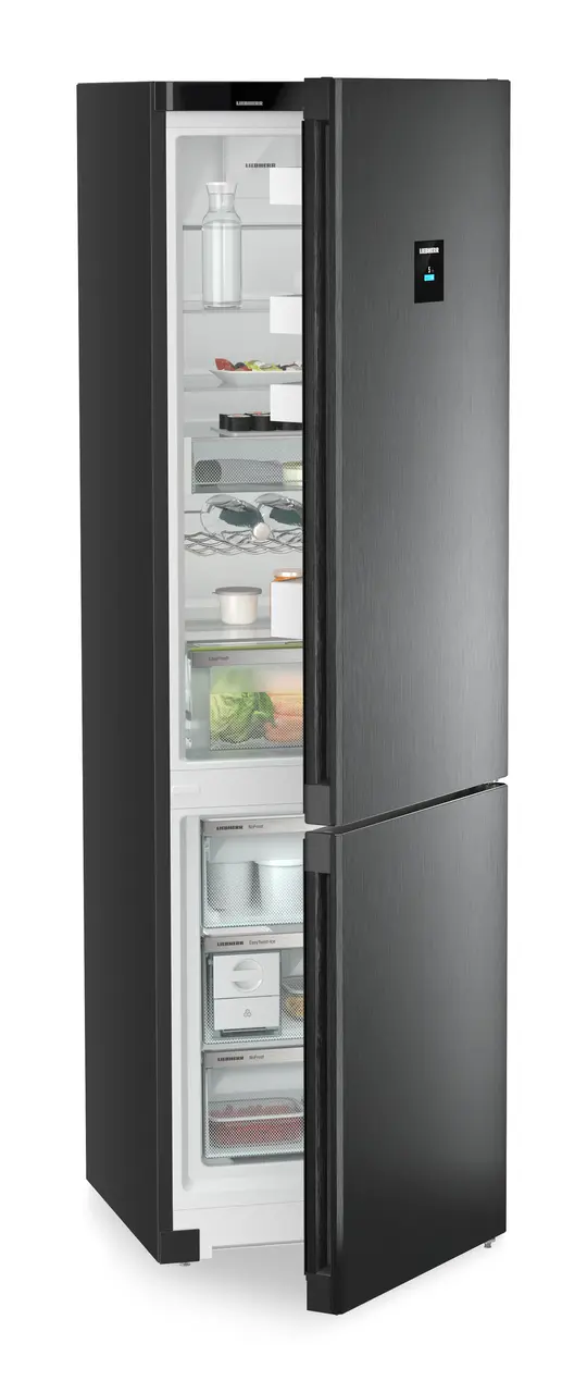 Product image, Perspective: oblique half-open decorated, Combined fridge-freezers with EasyFresh and NoFrost, Casing colour: black, Door colour: BlackSteel