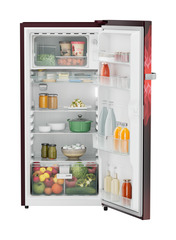 Product image, Perspective: straight open decorated, Single-door refrigerator 191 l in 3 star and horizontal handle, Casing colour: red, Door colour: Red Mystiq