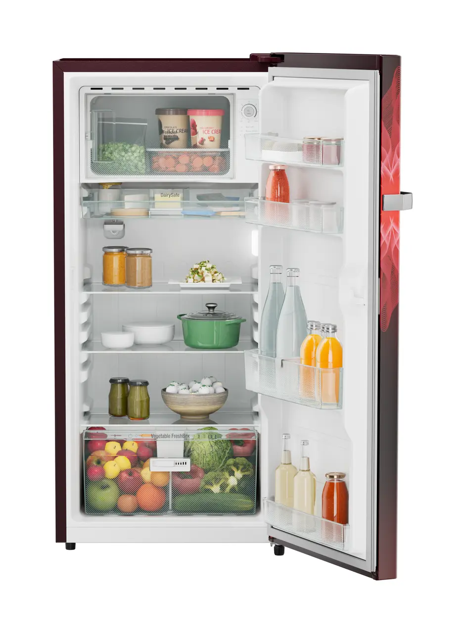 Product image, Perspective: straight open decorated, Single-door refrigerator 191 l in 3 star and horizontal handle, Casing colour: red, Door colour: Red Mystiq