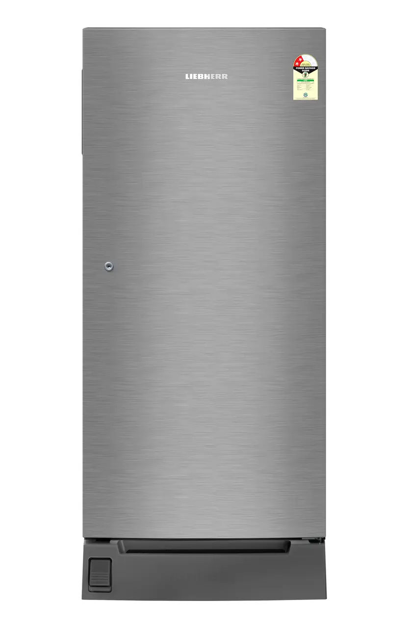 Product image, Perspective: straight closed, Single-door fridge 191 l in 2 star with foot pedal base drawer, Casing colour: grey, Door colour: Silver Steel