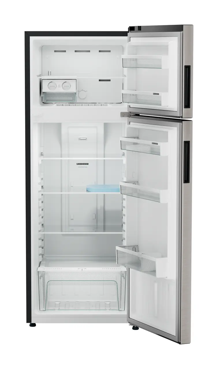 Product image, Perspective: straight open empty, Fridge-freezer with NoFrost, Casing colour: grey, Door colour: Grey Steel