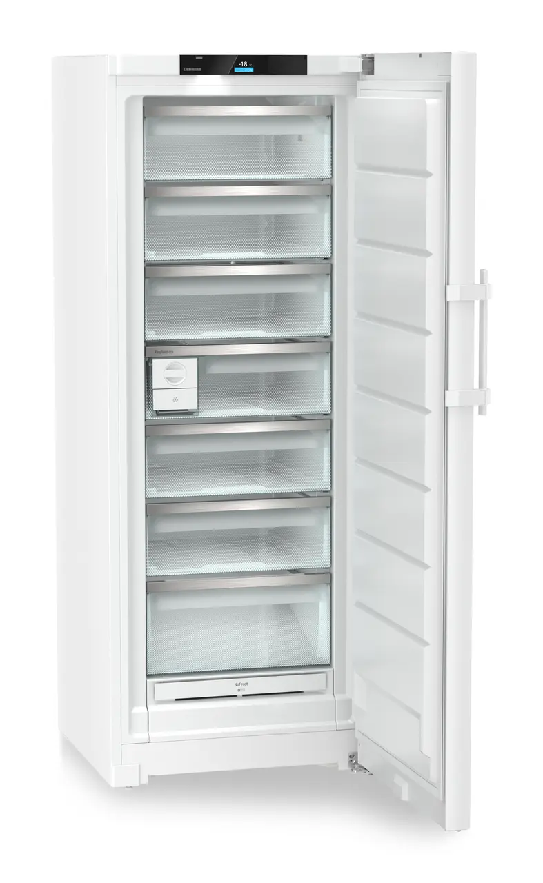 Изображение продукции, Перспектива: Под углом, с открытой дверцей, без продуктов, Отдельно стоящая морозильная камера с системами NoFrost и EasyTwist-Ice., Цвет корпуса: белый, Цвет дверцы: белый