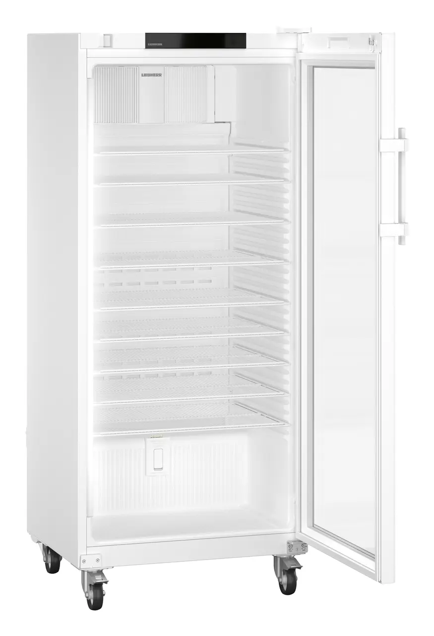 Product image, Perspective: oblique open empty, Laboratory refrigerator with convection cooling, Casing colour: white, Door colour: white
