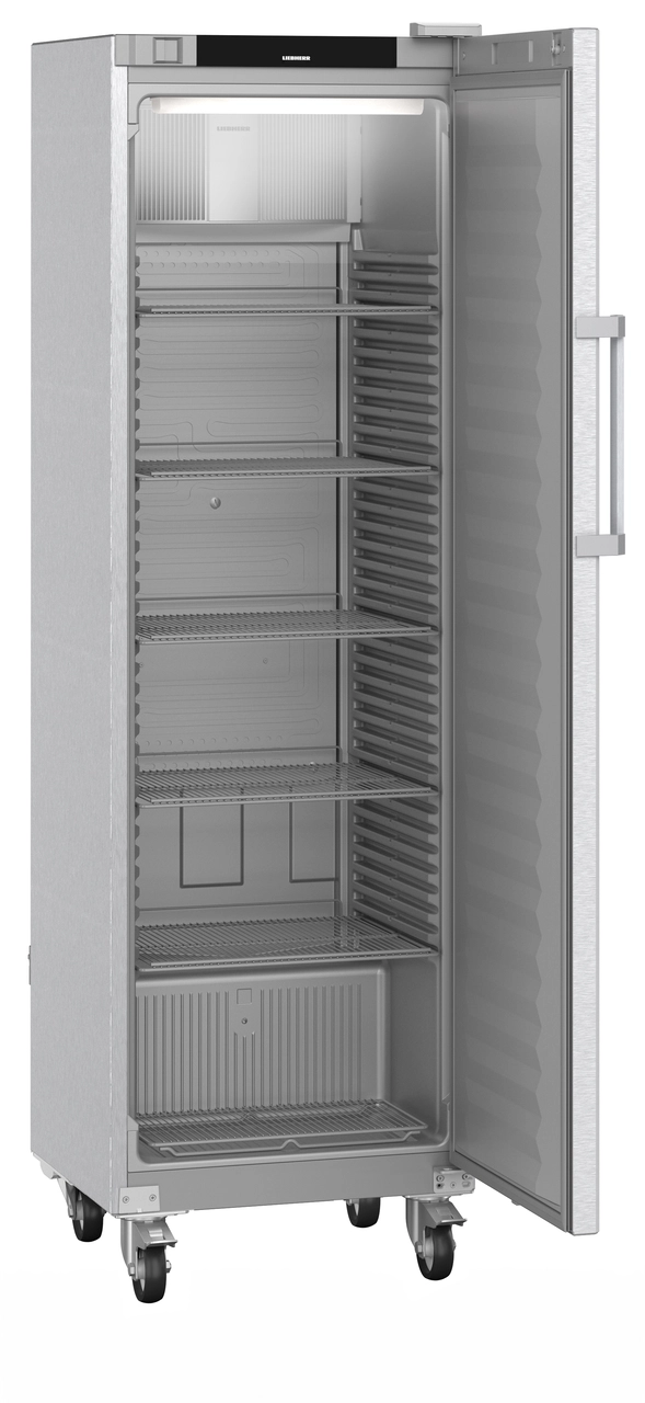 Product image, Perspective: oblique open empty, Forced-air refrigerator, Casing colour: stainless steel, Door colour: stainless steel