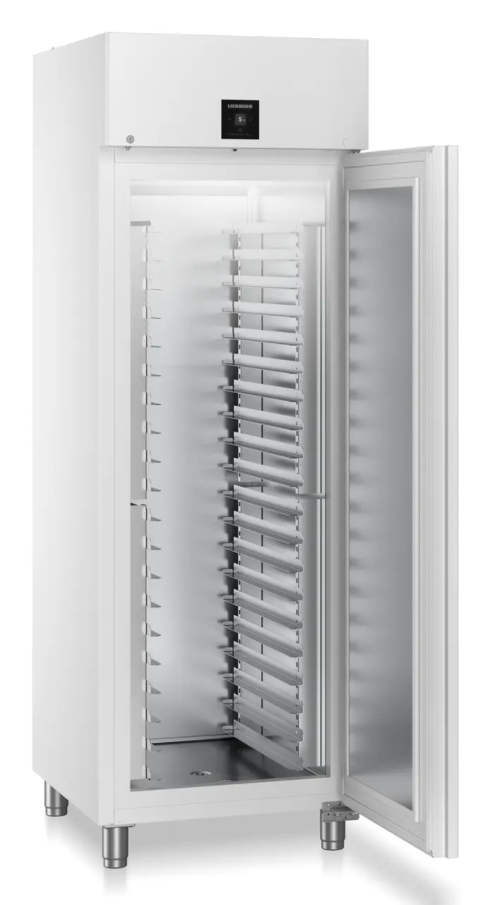 Изображение на продукта, Перспектива: Странично, отворен, празен, Хладилник по стандарта за хлебопекарни с динамично охлаждане, Цвят на корпуса: бял, Цвят на вратата: бял