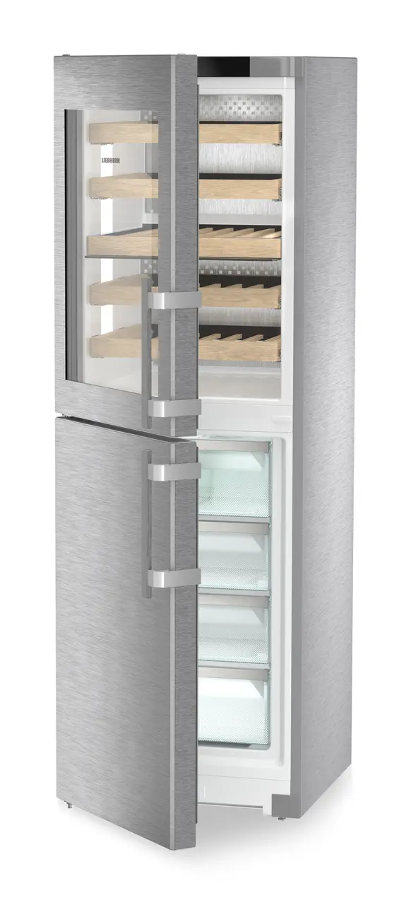 Product image, Perspective: oblique half-open empty, Combination with NoFrost freezer compartment and wine tempering compartment, Casing colour: stainless steel, Door colour: stainless steel