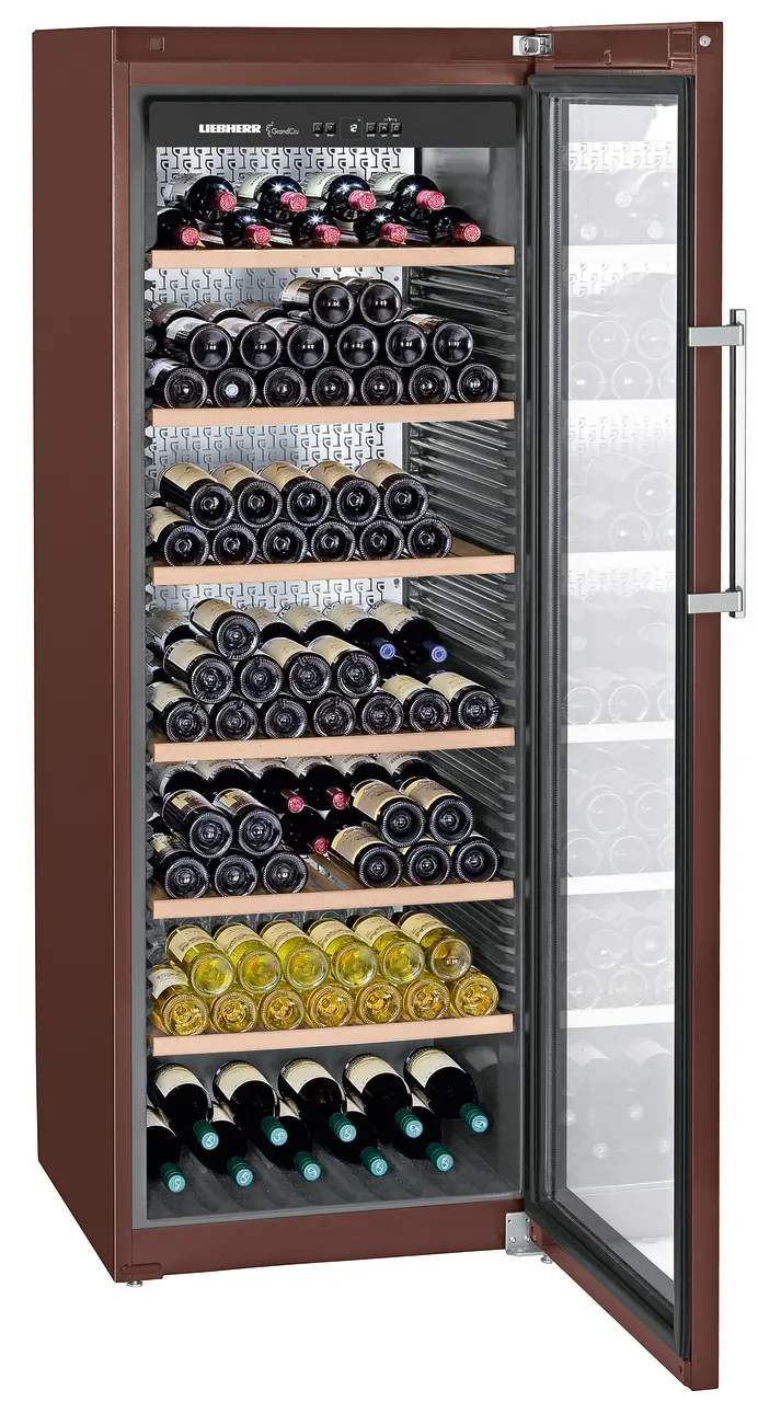 Product image, Perspective: oblique open decorated, Wine storage cabinet, Casing colour: terra, Door colour: terra