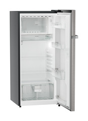 Product image, Perspective: oblique open empty, Single-door refrigerator 202 l in 3 star and horizontal handle, Casing colour: grey, Door colour: Stainless Steel