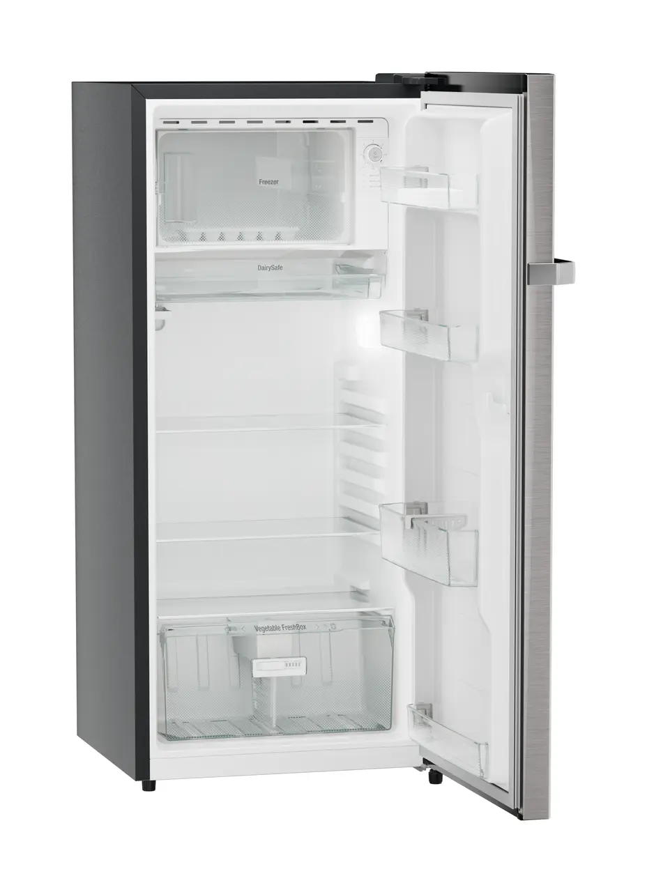 Product image, Perspective: oblique open empty, Single-door refrigerator 202 l in 3 star and horizontal handle, Casing colour: grey, Door colour: Stainless Steel