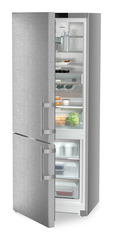 Product image, Perspective: oblique half-open decorated, Combined fridge-freezers with EasyFresh and NoFrost, Casing colour: silver, Door colour: stainless steel