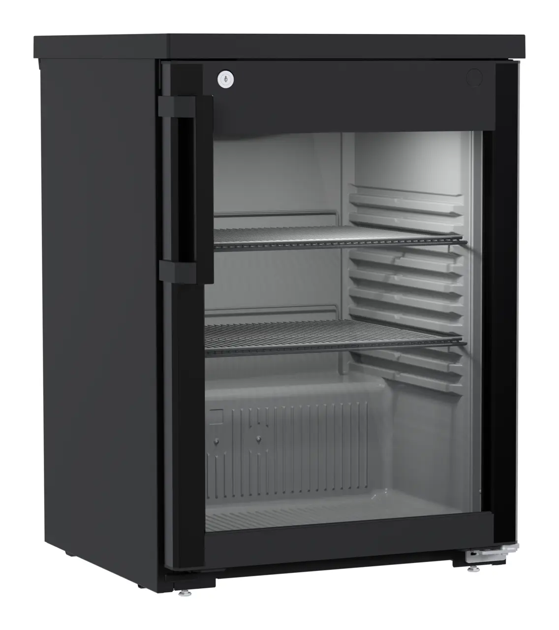 Obraz produktu, Perspektywa: Pod kątem, zamknięte, puste, Chłodziarka do zabudowy pod blat z chłodzeniem powietrzem obiegowym, Kolor obudowy: Czarna, Kolor drzwi: Czarna