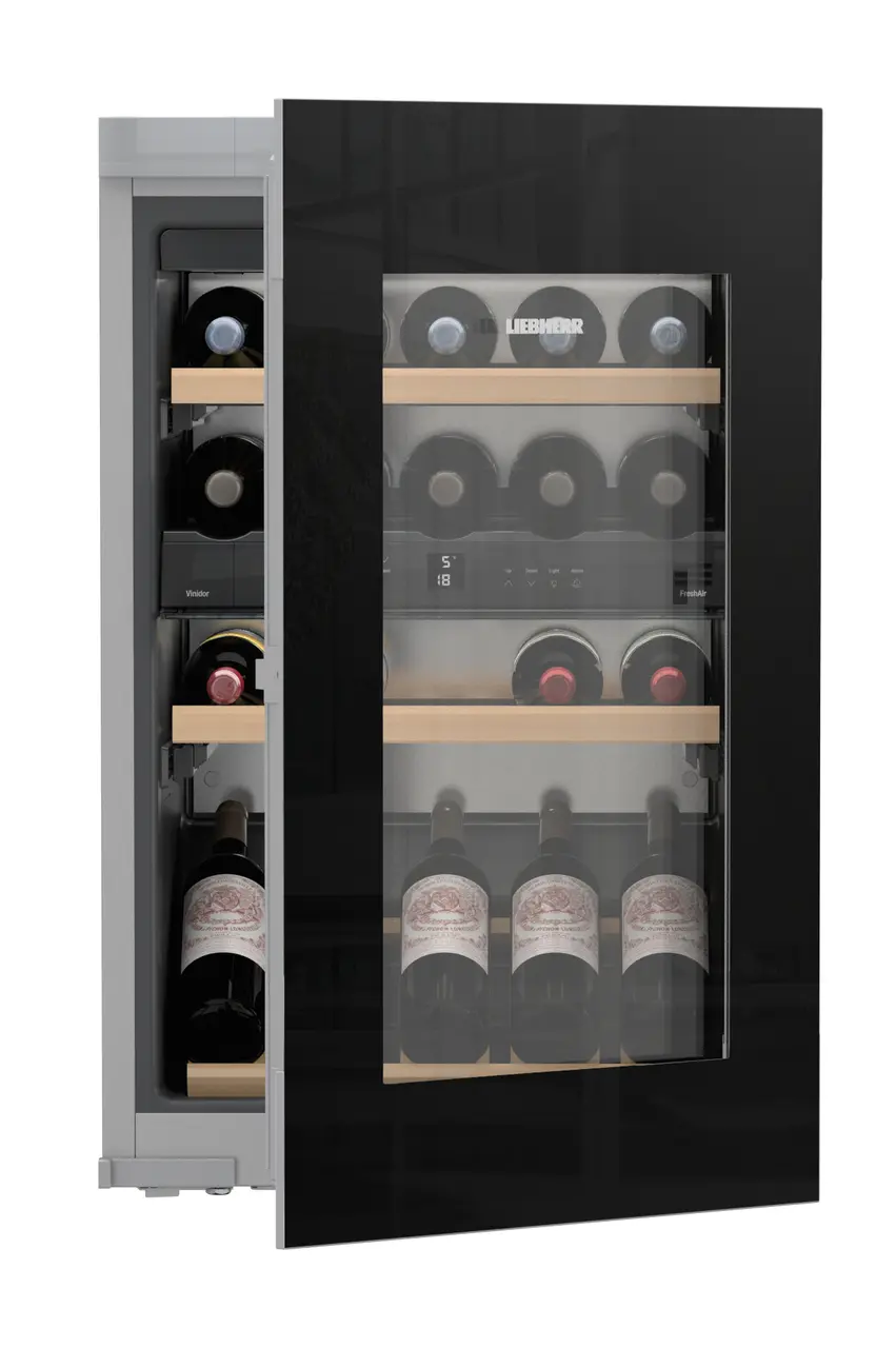 Product image, Perspective: straight half-open decorated, Built-in multi-temperature wine cabinet, Casing colour: silver, Door colour: GlassBlack
