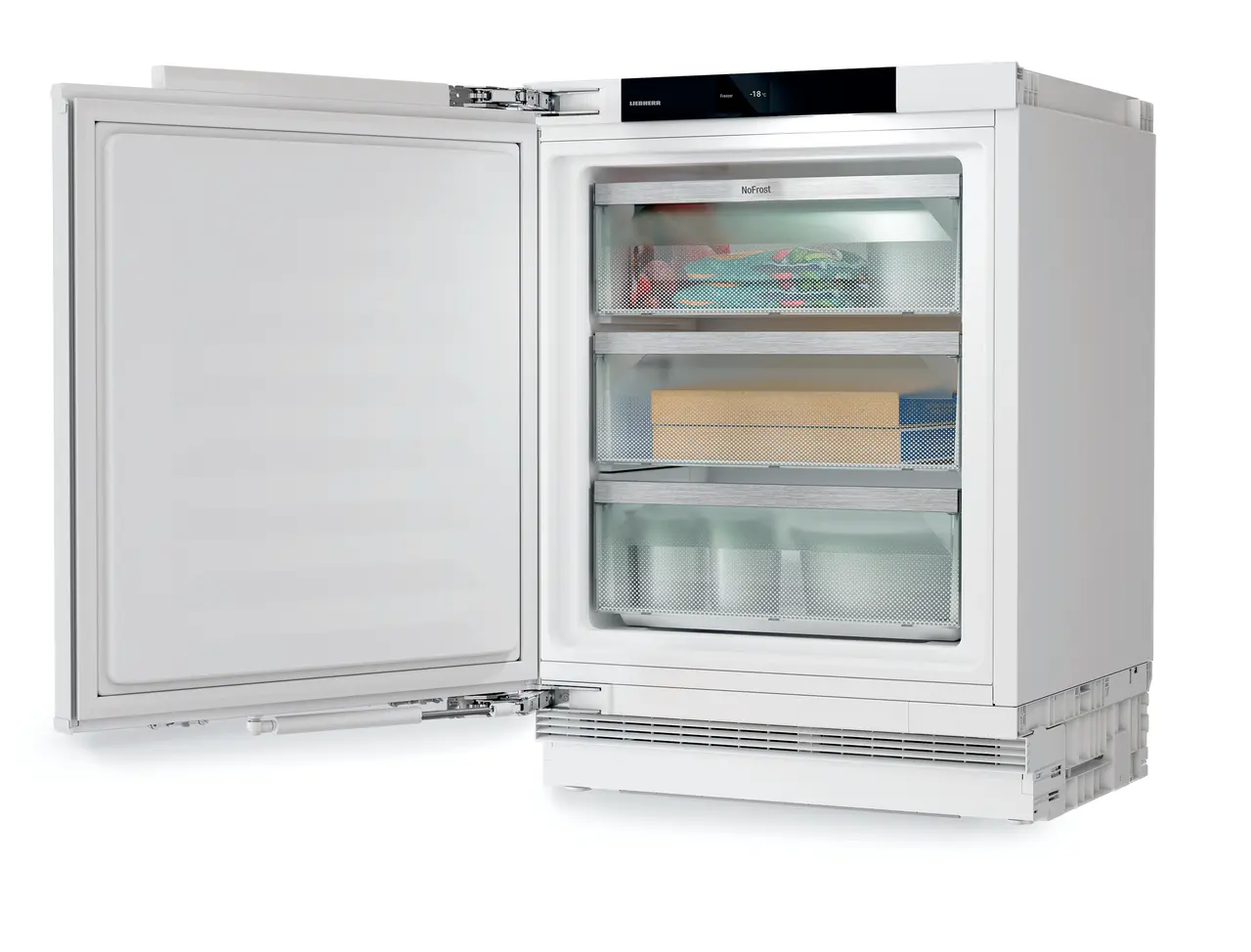 Product image, Perspective: oblique open decorated, Freezer suitable for undercounter installation with NoFrost