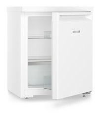 Produkt-Bild, Perspektive: schräg halb offen leer, Tischkühlschrank, Gehäusefarbe: Weiß, Türfarbe: Weiß