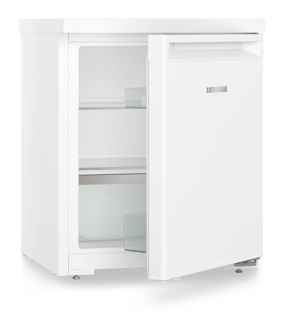 Produkt-Bild, Perspektive: schräg halb offen leer, Tischkühlschrank, Gehäusefarbe: Weiß, Türfarbe: Weiß