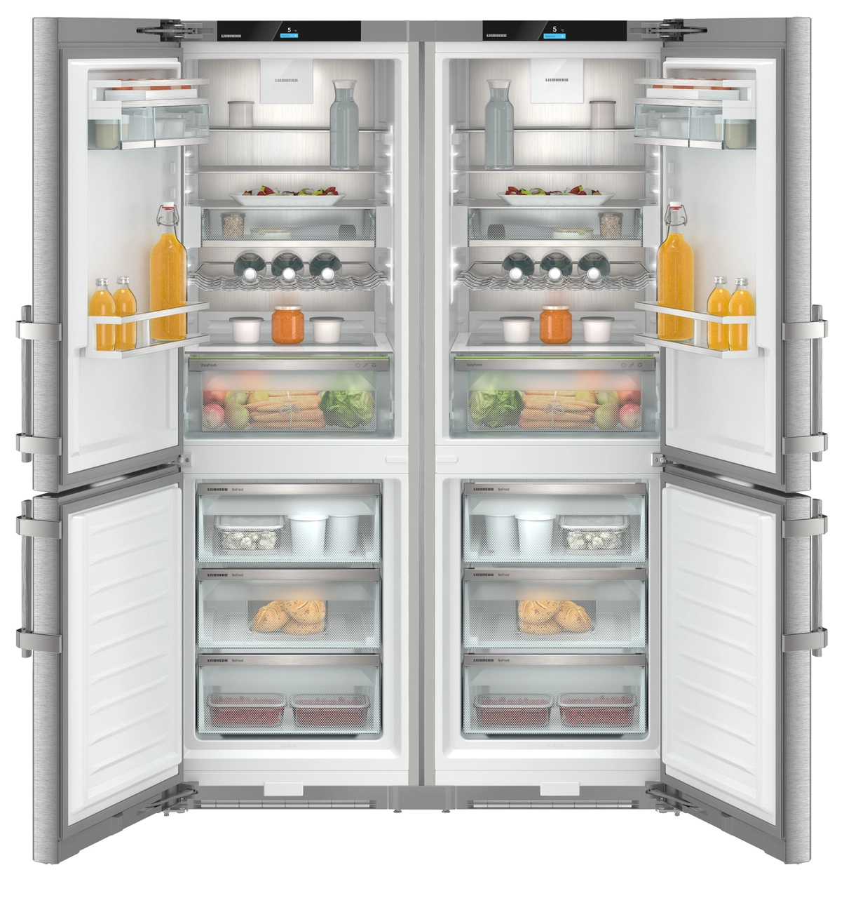 Product image, Perspective: straight open decorated, Side-by-Side combination, Casing colour: silver, Door colour: stainless steel