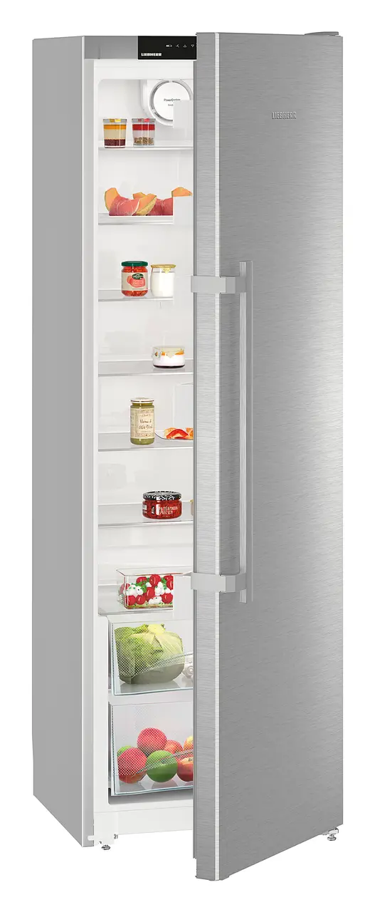 Product image, Perspective: oblique half-open decorated, Refrigerator, Casing colour: silver, Door colour: stainless steel