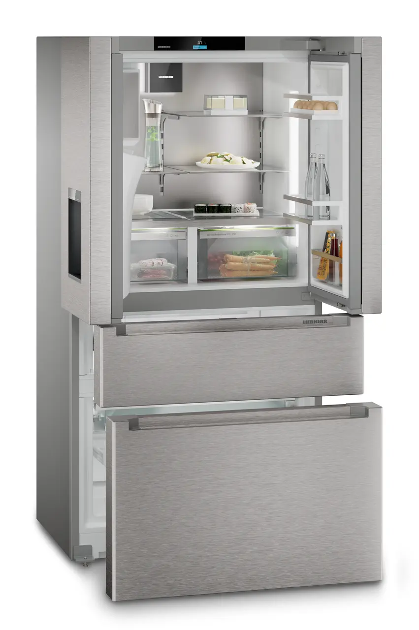 Product image, Perspective: oblique open decorated, French door fridge-freezer with 2 freezer drawers and water and ice cube dispenser, Casing colour: silver, Door colour: stainless steel