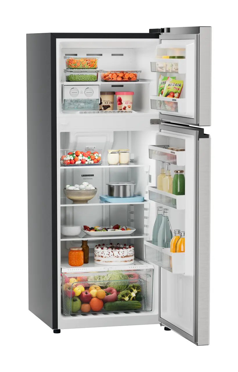 Product image, Perspective: oblique open decorated, Fridge-freezer with NoFrost, Casing colour: grey, Door colour: Stainless Steel