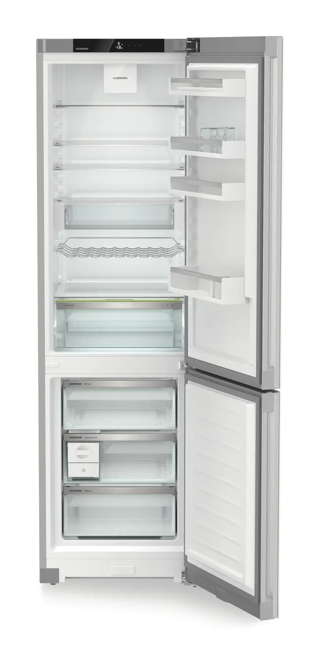 Product image, Perspective: straight open empty, Combined fridge-freezers with EasyFresh and NoFrost, Casing colour: silver, Door colour: white