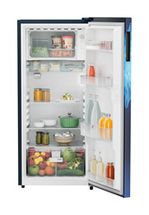 Product image, Perspective: straight open decorated, Single-door refrigerator 202 l in 5 star with inverter compressor, Casing colour: blue, Door colour: Blue Mystiq