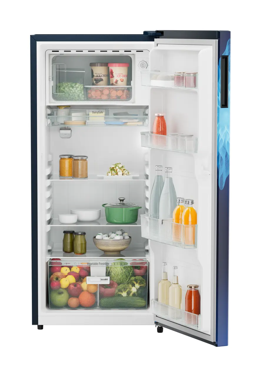 Product image, Perspective: straight open decorated, Single-door refrigerator 202 l in 5 star with inverter compressor, Casing colour: blue, Door colour: Blue Mystiq