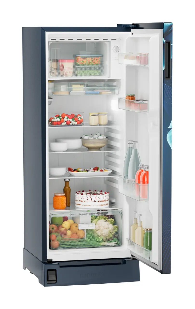 Product image, Perspective: oblique open decorated, Single-door refrigerator 222 l in 3 star with foot pedal base drawer, Casing colour: blue, Door colour: Blue Divine