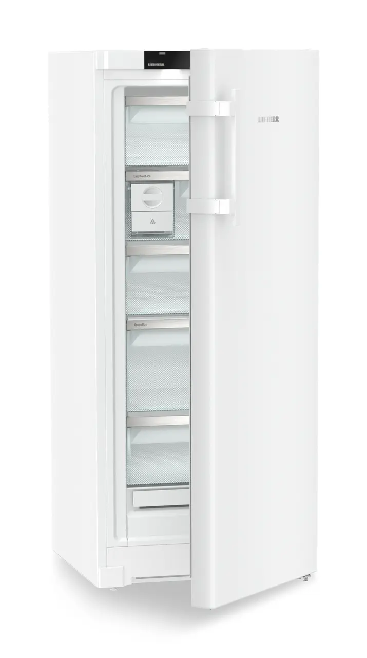 Product image, Perspective: oblique half-open empty, Freestanding freezer with NoFrost and EasyTwist-Ice, Casing colour: white, Door colour: white