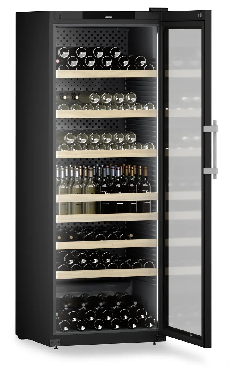 Produkt-Bild, Perspektive: schräg offen dekoriert, Weinschrank Professional, Gehäusefarbe: Schwarz, Türfarbe: Schwarz