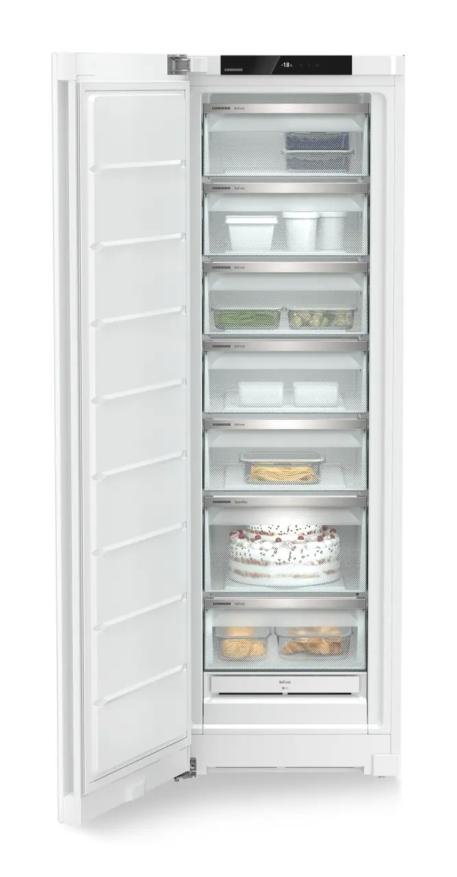 Изображение продукции, Перспектива: Прямо, с открытой дверцей, с продуктами, Морозильная камера с системой NoFrost, Цвет корпуса: белый, Цвет дверцы: белый