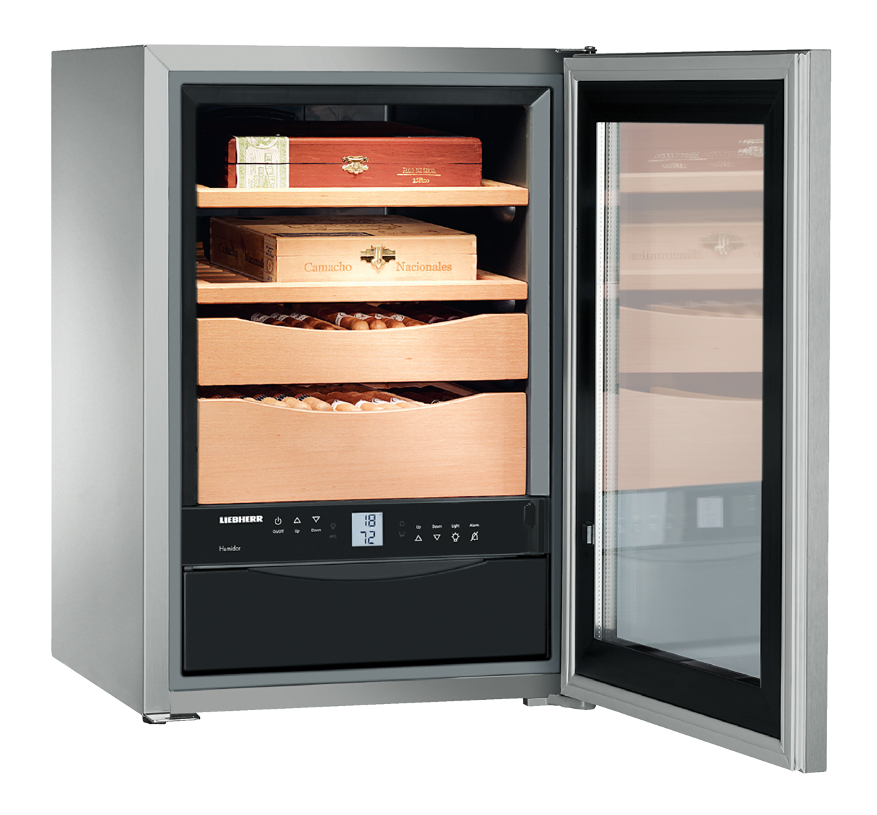 Produkt-Bild, Perspektive: schräg offen dekoriert, Humidor, Gehäusefarbe: Edelstahl